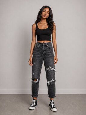 BDG Urban Outfitters Black Ripped Cropped Jeans Size 25 Slim Straight Distressed